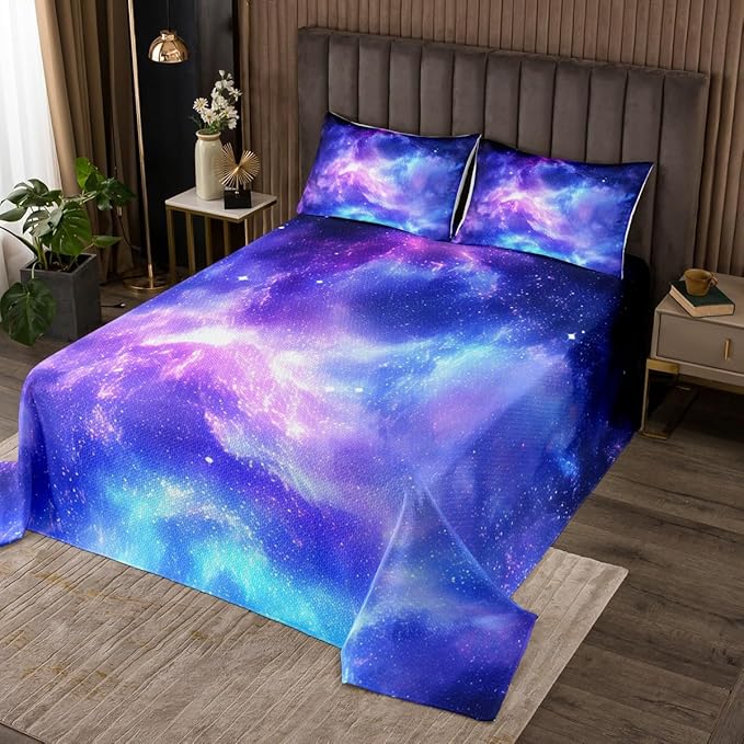 Erosebridal Blue Purple Galaxy Bedspread King Size, Girls Starry Sky Bedding Set Space Universe Star Coverlet Set for Kids Teen Bedroom Decor, Constellation Planet Comfortable Quilted
