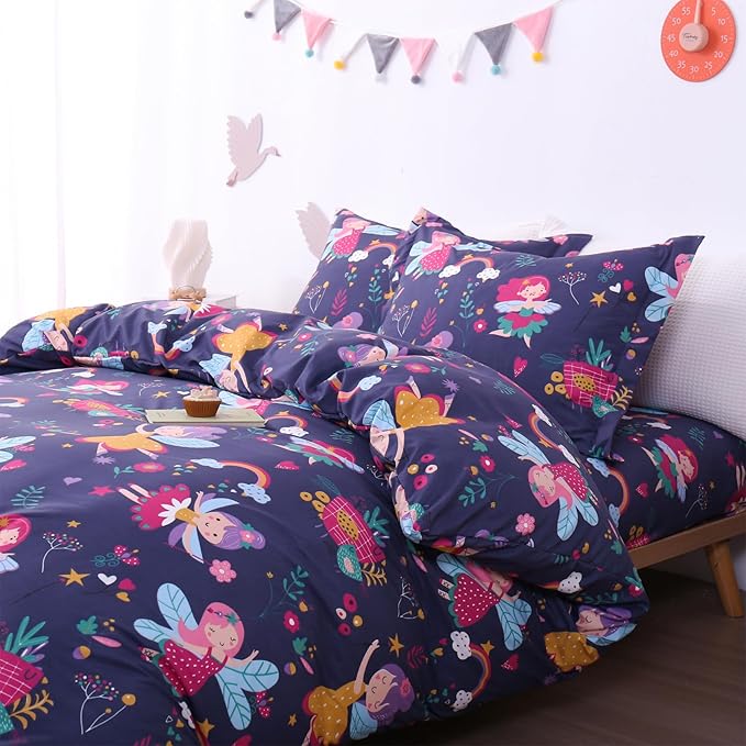 JSD Fairy Floral Kids Duvet Cover Set Twin Size, 2 Piece Girls Printed Microfiber Comforter Cover with Pillow Sham Zipper Closure, Comforter Not Included