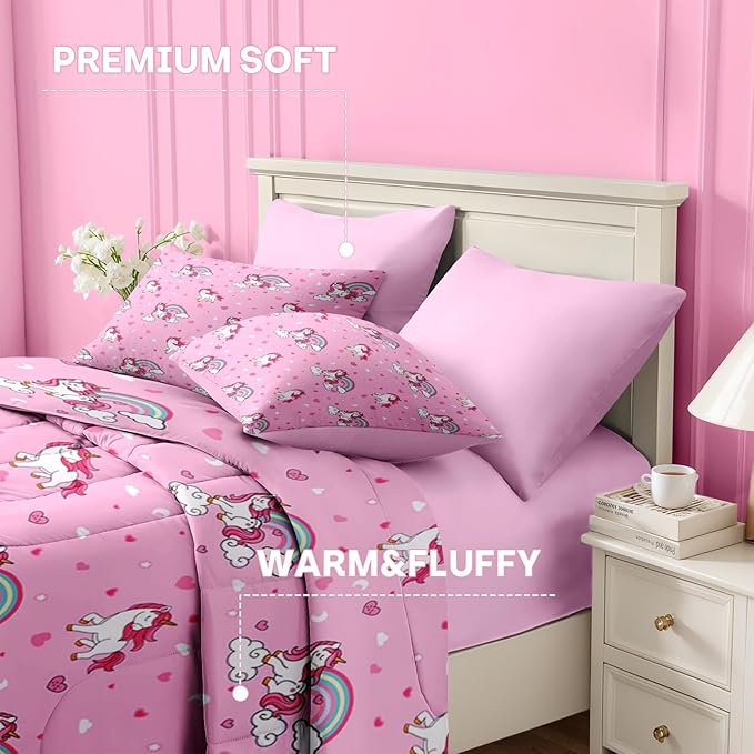 Nesker 5 Pcs Comforter Set Twin Size, Cute Pink Unicorn Bedding for Kids Teen, Cartoon Rainbow Bed Sheet with Pillowcase & Sham