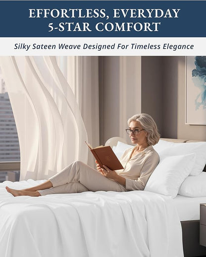LANE LINEN Ultra Soft Queen Size Sheets Set,100% Egyptian Cotton Mercerized Fully Elasticized with French Seam on Fitted Hotel Like Thick Luxury Bed Sheets Queen Size - Brilliant White