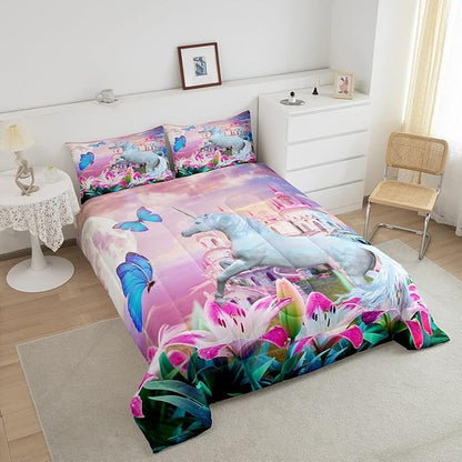 Feelyou Unicorn Bedding Set Jumping Unicorn Decor Comforter Set for Kids Boys Girls Magical Butterfly Lily Floral Comforter Princess Castle Quilt Set Room Decor 3Pcs Full Size