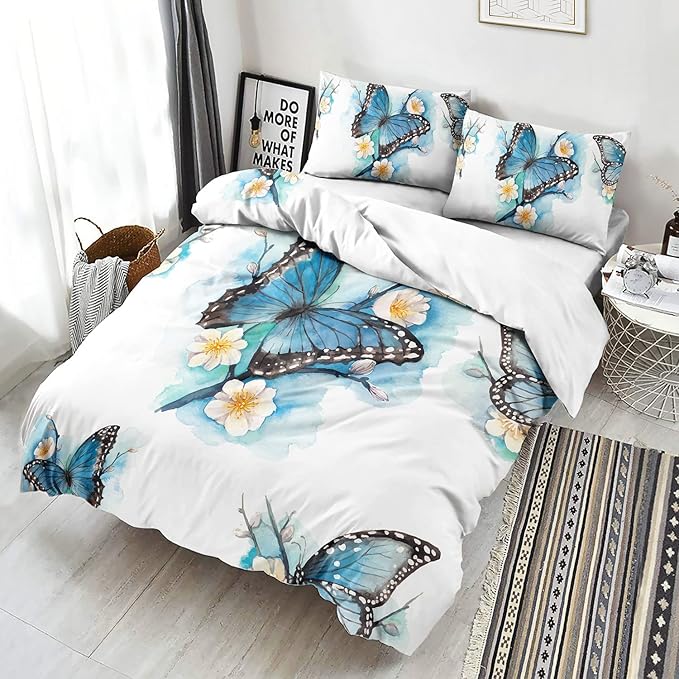 CVHOUSE Butterfly Duvet Cover Twin Size,Blue Watercolor Bedding Set,Butterfly Comforter for Girls Kids Teens,1 2 Pillowcases 3 Piece Twin 71'x87'