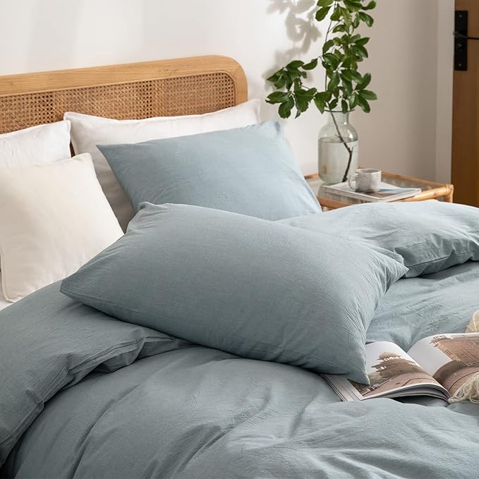 Light Blue Duvet Cover Queen, 100% Washed Cotton Linen Like Textured 3 Pieces Bedding Set, Solid Color Simple Style Luxury Relaxed Feel Natural Wrinkled Breathable Soft Comfy (Light Blue, Queen)