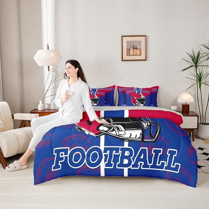 Feelyou Football Comforter Set with Sheets 7 Piece Twin Size Ball Games Bedding Set for Kids Boys Girls Rugby Bed in a Bag City of Footballs Room Decor Rugby Sports Soft Lightweight
