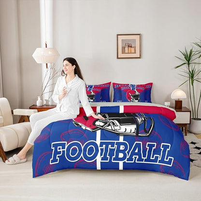 Feelyou Football Comforter Set with Sheets 7 Piece Twin Size Ball Games Bedding Set for Kids Boys Girls Rugby Bed in a Bag City of Footballs Room Decor Rugby Sports Soft Lightweight