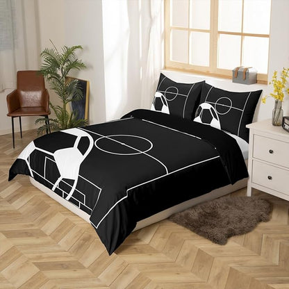 Football Field Print Duvet Cover Set Twin Size,Ball Sports Games Themed Comforter Cover for Kids Boys Bedroom Gift,Black White Football Goal Sporting Equipment Bedding Set with 1 Pillowcase, Polyester