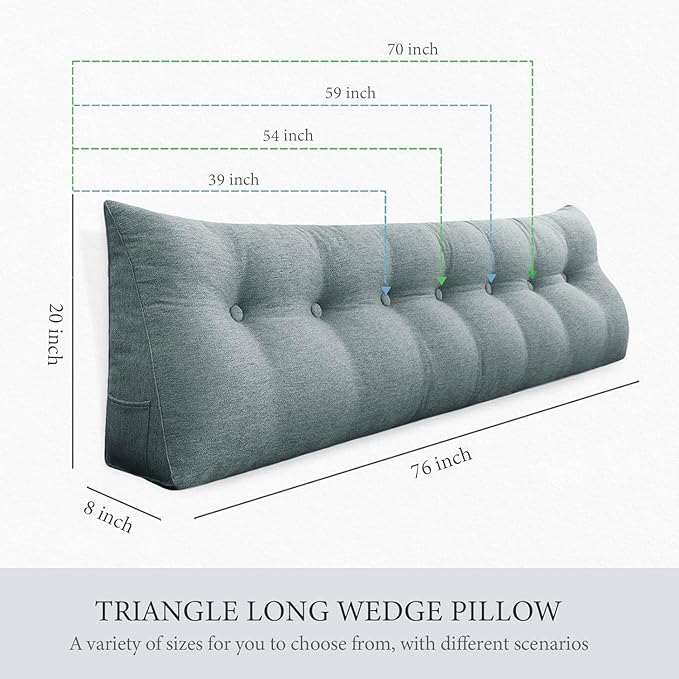 Wedge Headboard Pillow Dorm Room Reading Pillow Back Support for Sitting Up in Bed Bolster Lumbar Cushion Body Positioning Bedrest Gifts for Mom Cotton Linen 59in Gray Queen