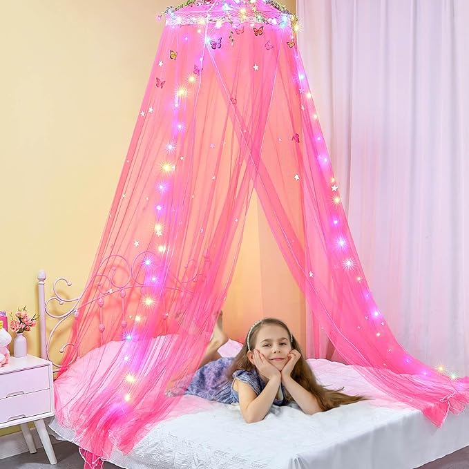 FIOBEE Bed Canopy for Girls Room Bed Canopy Curtains with Led Lights Mosquito Net DIY Princess Room Décor with Stars Butterflies for Kids Bedroom, Red