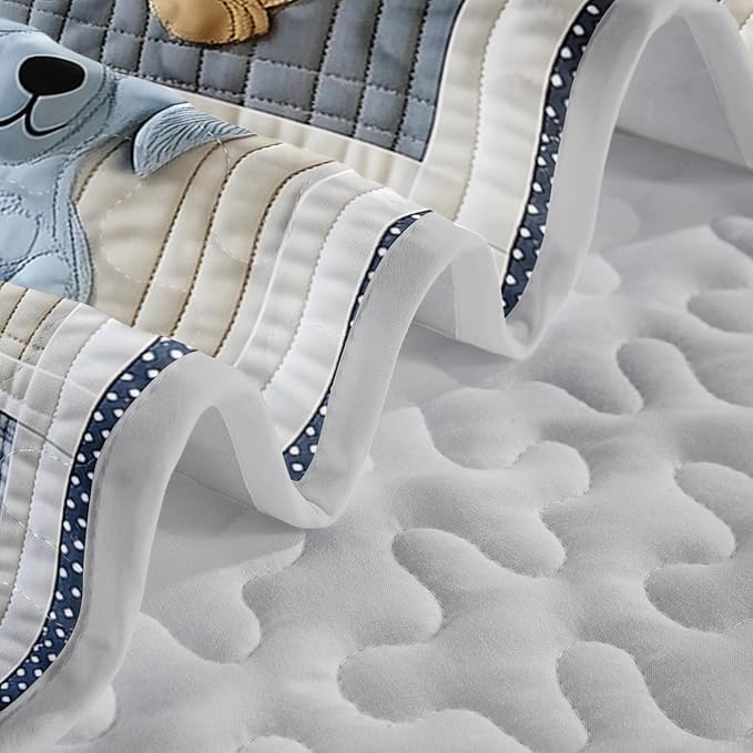 Kawaii Blue White Dogs Quilts Bedding King 3Pcs Wild Animal Cartoon Pet Puppy Bed Set Fabric Collage Grid Pattern Bedspread Coverlet with 2 Pillowcases for Kid Boy Girl Teen Adult Room Decor