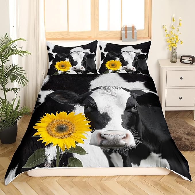 Milk Cows Bedding Set Twin,Sunflower Farmhouse Cattle Animal Duvet Cover with 1 Pillow Sham Comforter Cover for Kids Boys,Black White Fur Print Quilt Cover Set Decorative 2 Pcs
