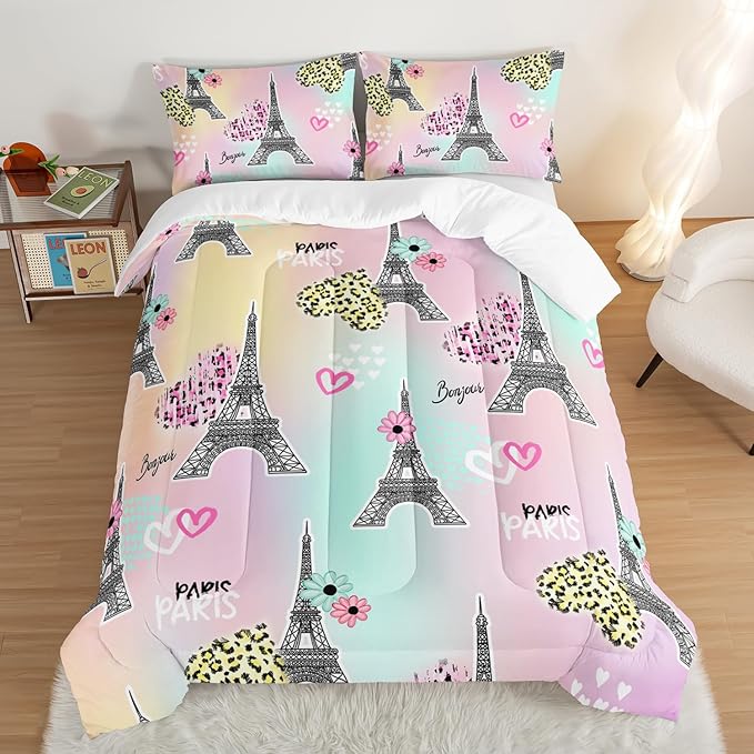 HOSIMA Eiffel Tower Comforter Rainbow Bedding Sets 3Pieces,Lovers Sweet Couple Paris Bedroom Comforter Set,Leopard Print Heart Queen Size Comforter Modern French Style Girls Bedroom Decor.
