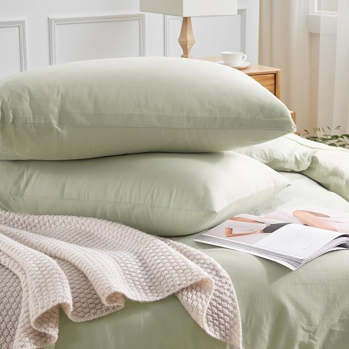 NEXHOME PRO Duvet Cover Set King Size Linen Feel Textured Organic Natural 100% Washed Cotton Duvet Cover 3 Pieces Bedding Set with Zipper Closure, Breathable, Soft, Mint Green (No Comforter)