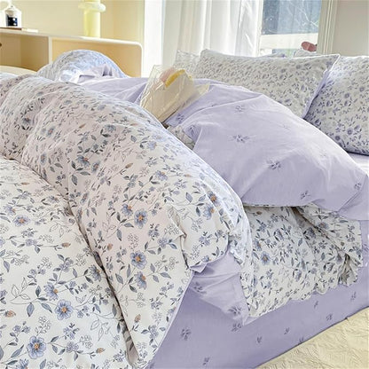 Purple Floral Duvet Cover Queen Size Botanical Aesthetic Garden Style Bedding Set with Yellow Flower 3 Pcs Kids Boys Girls Women Soft Breathable Reversible Comforter Cover