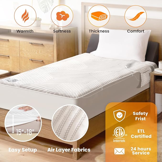 Electric Heated Mattress Pad Full Size Single Control Bed Warmer, Deep Pocket, Side Storage Pouch for Controller, Machine Washable, 3D Air Layer Fabric, 54"x75", Grey