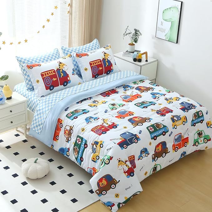 Kids Cars Animal Comforter Set Full Size for Boys Girls Teens 7 Piece Cartoon Construction Fire Truck Excavator Police Ambulance Lion Cat Dog Elephant Bedding Set Bed in A Bag,Colourful