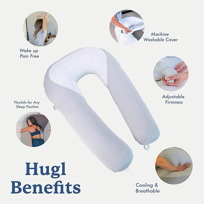 Plufl Hugl Cooling Body Pillow for Adults Made with Memory Foam | U Shaped Maternity Pillows Great for Side Sleepers & Pregnant Women | Washable Cover | Grey