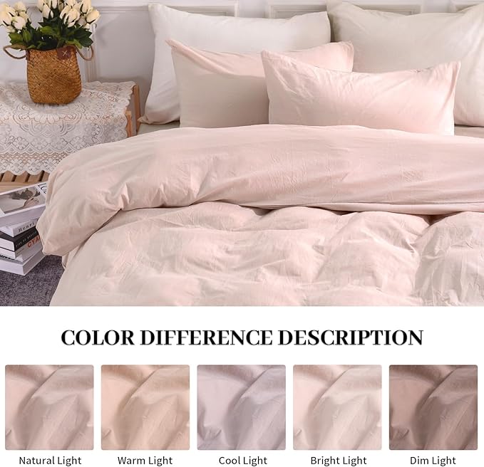 NEXHOME PRO Duvet Cover Set Kids Twin Size Linen Feel Textured Organic Natural 100% Washed Cotton Duvet Cover 2 Pieces Bedding Set with Zipper Closure, Breathable, Dusty Pink(No Comforter)