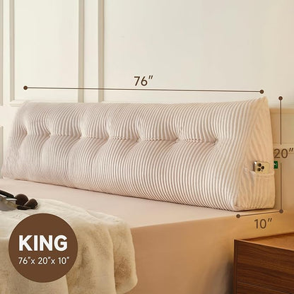 Z-hom King Headboard Pillow, Triangular Wedge Reading Pillow for Bed or Sofa, Ergonomic Backrest Cushion for Sitting Up, Reading or Relaxing, with Side Pocket，Removable Washable Cover,Beige Cream