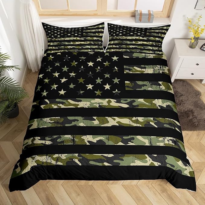 Camo American Flag Duvet Cover Queen Size, Ultra Soft 3 Piece Green Camoufalge Print and Black Stripes Comforter Cover for Children Present, USA Flag Bedding Set with 2 Pillowcases