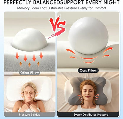 Cervical Neck Pillow, Ergonomic Side Sleeper Pillow for Pain Relief, Cooling Pillow for Sleeping, Neck and Shoulder, Contour Orthopedic Memory Foam Pillows for Back Stomach Sleepers Grey White