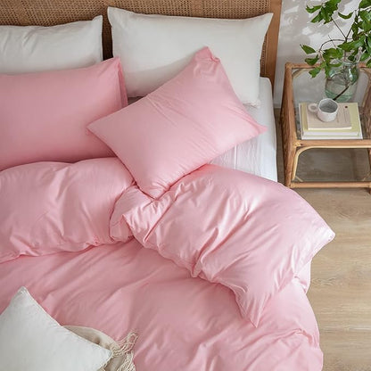 Pink Duvet Cover King, 100% Microfiber, Solid Design, Soft, Prewashed, Zipper Closure, 4 Ties, Ultra Soft Feel, Natural Wrinkled, King Size, 3 Count