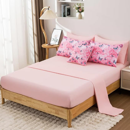 Butterfly Comforter Set Queen Size 8 Piece Bed in A Bag Colorful Flowers Leaves Bedding Set for Kids Teens Super Soft All Season - Pink