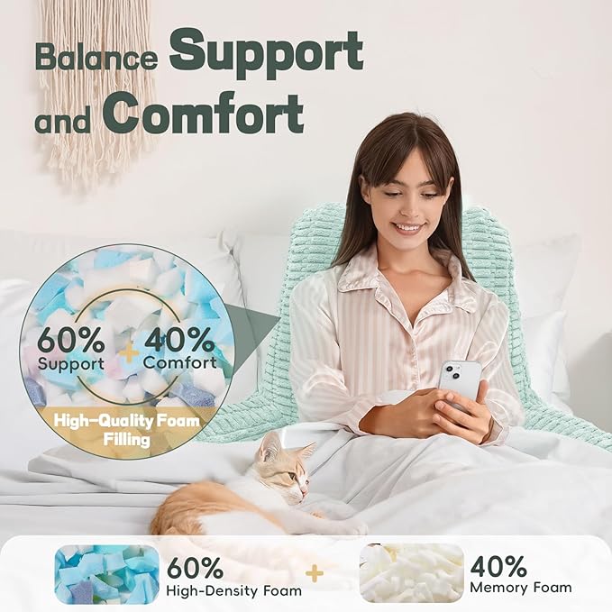 21" Higher Large Reading Pillow for Bed Adult, Back Pillow for Bed Sitting Up with Memory Foam Back Support with Arms Rest for Couch Chair Blue