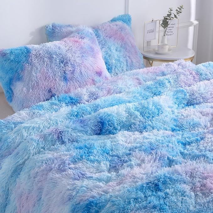 Wajade Fluffy Fuzzy Faux Fur King Size Comforter Set - King Duvet for Warm and Cozy Soft Bedroom 3 Pieces Premium Bedding Comforter Sets Galaxy Blue