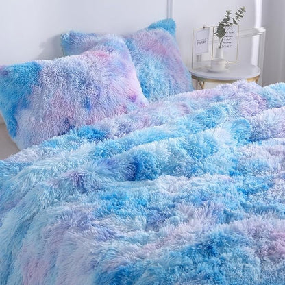 Wajade Fluffy Fuzzy Faux Fur King Size Comforter Set - King Duvet for Warm and Cozy Soft Bedroom 3 Pieces Premium Bedding Comforter Sets Galaxy Blue