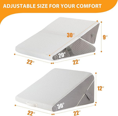 Bed Wedge Pillow for Sleeping, 9&12 Inch Adjustable Wedge Pillow Set for After Surgery, Triangle Pillow for Back Pain Relief, Leg Support, Acid Reflux, Gerd, White/Grey