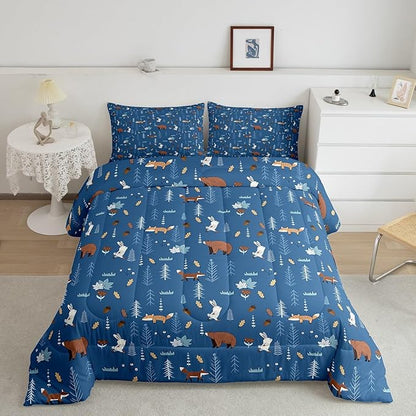 Bear Comforter Set Queen Size,Navy Cartoon Animals Bedding Set Kids Cute Fox Rabbit Quilt Set 3Pcs for Girls Boys Bedroom Decor,Pine Tree Jungle Adventure Style Duvet Insert,2 Pillowcases