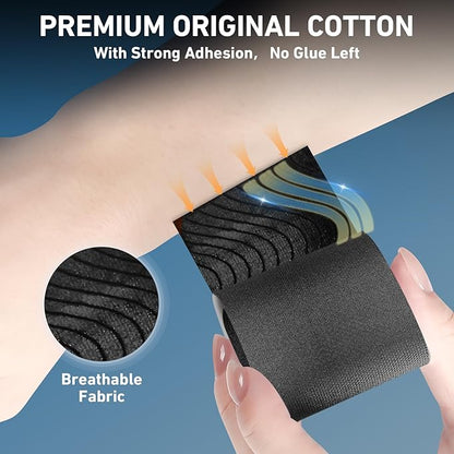 PreCut Kinesiology Tape for Knees, 24 PCS Waterproof KTQUICK Knee Tape for Knee Pain Relief Pre Cut, Original Cotton Athletic Knee Tape, Waterproof & Hypoallergenic Latex-Free for Sports (Black)