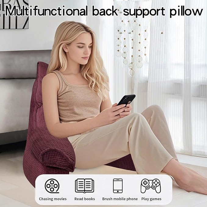 RRPAHWTV Reading Pillow for Bed with High Arm Rests,Back Support Pillow for Sitting Up in Bed with Shredded Memory Foam for Reading, TV, Gaming or Relaxing on Floor（Plum, Large）