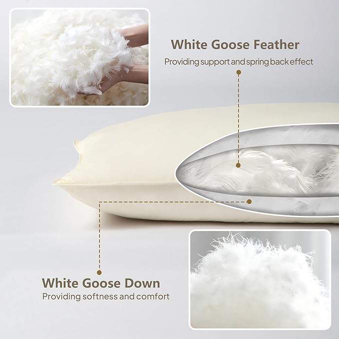 Goose Down Body Pillows for Adults, Large Body Pillow for Side Sleeper, Hugging Feather Body Pillow Insert, Cooling Full Length Long Pillow for Bed with 100% Organic Cotton Shell, Beige 20"x54"