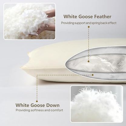 Goose Down Body Pillows for Adults, Large Body Pillow for Side Sleeper, Hugging Feather Body Pillow Insert, Cooling Full Length Long Pillow for Bed with 100% Organic Cotton Shell, Beige 20"x54"