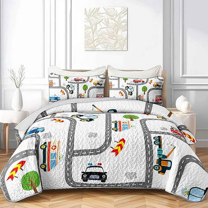 AILONEN Boys Kids Cartoon Truck Quilt Set Queen Size, Soft Microfiber,Construction Trucks Bedspread Coverlet 3Pcs,Car Road Pattern Bed Cover,2 Pillowcases