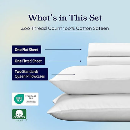 California Design Den Queen Sheet Set - Soft 400 Thread Count Sateen, Natural 100% Cotton Sheets, Deep Pockets with All Around Elastic for a Snug Fit, Durable Bedding Set - Antique White