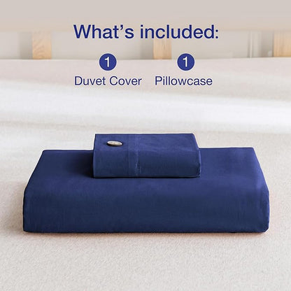 JELLYMONI Cotton Duvet Cover Twin Size - Navy Blue Comforter Cover with Button 100% Washed Cotton 2PCS Breathable Soft Solid Bedding Set Duvet Cover 68×90in & 1 Pillowcase (NO Comforter)