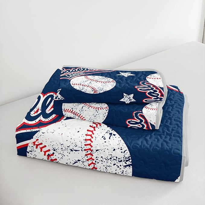 QOOMO Baseball Quilt Set Twin Size,Blue Baseball Bedspread Coverlet Set,Sports 3Pcs Bedding Set Printed Quilt with 2 Pillowcases,Soft and Lightweight,for All Seasons