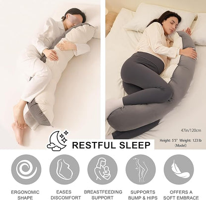 Peallow(Pat. Pend) – Long Round Body Pillow for Adults, Bolster Pillow for Sleeping, Soft and Supportive Pillow for Sleeping & Lumbar Support (Gray-White, 47")
