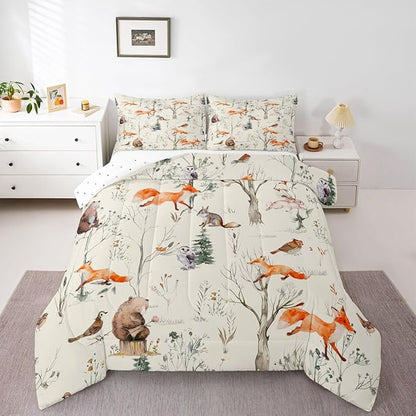 Kids Cute Animals Comforter Set King Size Cartoon Bear Fox and Rabbit Bedding Set 3Pcs for Girls Boys Adult Room Decor Foggy Tree Jungle Plants Quilt Set Hunt Adventure Duvet Insert,Beige