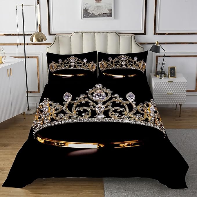 Erosebridal Gold Crown Bedspread King Size Diamonds Coverlet Set for Girls Youth Child,Luxurious Bedding Set Gorgeous Crown Quilt Set Soft Cozy Luxury Bedroom Decor Black