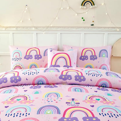 ANGIYUIN 6Pcs Girls Rainbow Comforter Set Queen Size Cute Clouds Kids Bedding Set Love Hearts and Stars Kid Bed Set for Girl Soft Lightweight Bed in A Bag with Sheets, Pink, Queen