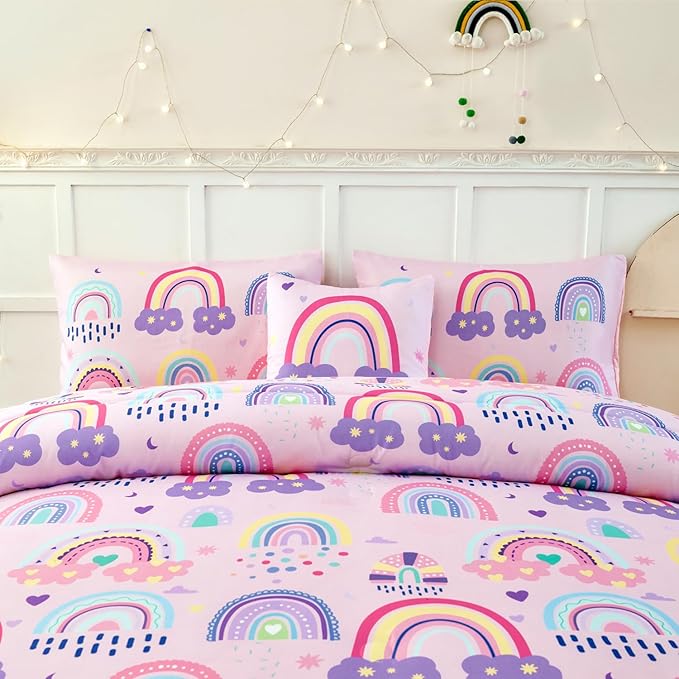 ANGIYUIN Colorful Rainbow Twin Size Comforter Set for Girls Cartoon Clouds Love Hearts Bedding Set with Sheets 6Pcs Kids Bed in A Bag, Pink, Twin