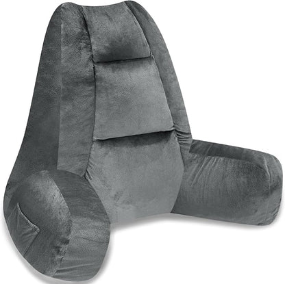 RRPAHWTV Reading Pillow for Bed with High Arm Rests,Back Support Pillow for Sitting Up in Bed with Shredded Memory Foam for Reading, TV, Gaming or Relaxing on Floor（Grey，Small）