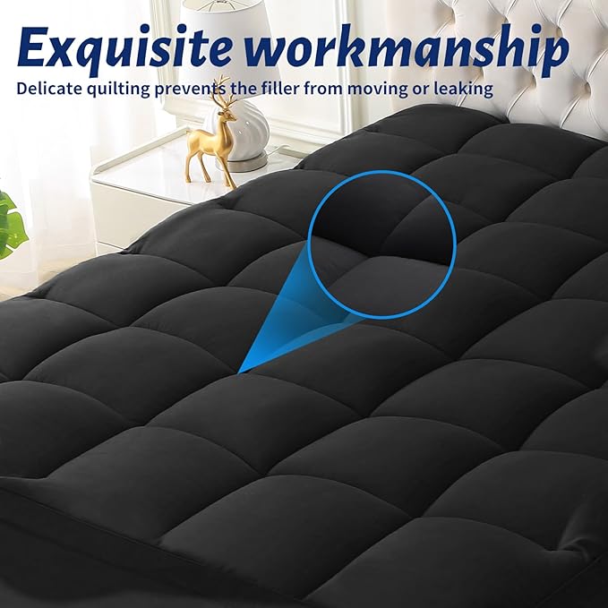 Mattress Topper with Deep Pocket, Extra Thick Pillow Top Mattress Pad, Breathable & Cooling Mattress Cover, Fits 8-21 Inch, Soft Support for Back Pain Relief, Mattress Protector (Queen, Black)