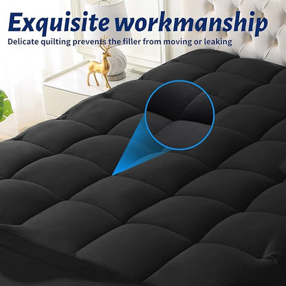 Mattress Topper with Deep Pocket, Extra Thick Pillow Top Mattress Pad, Breathable & Cooling Mattress Cover, Fits 8-21 Inch, Soft Support for Back Pain Relief, Mattress Protector (Queen, Black)