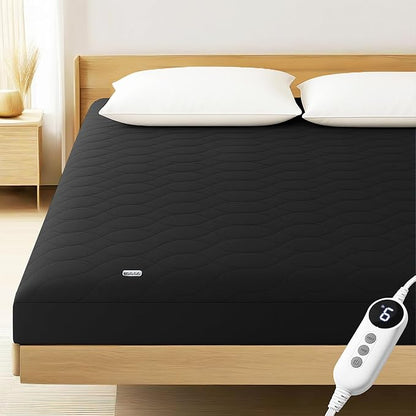 MASVIS Heated Mattress Pad Twin Size - 6 Heat Settings & 10-Hour Auto Off, Quilted Electric Bed Cover, Bed Warmer with Deep Pocket | Fast Heating | Machine Washable,Black,39"x75"