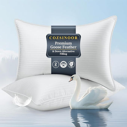 COZSINOOR Goose Feather Pillows King Size - Set of 2, Hotel Down Bed Pillow for Sleeping, Soft 600 TC Cotton Cover, Fluffy Support Surround Fill Down Alternative for Back, Stomach, Side Sleepers