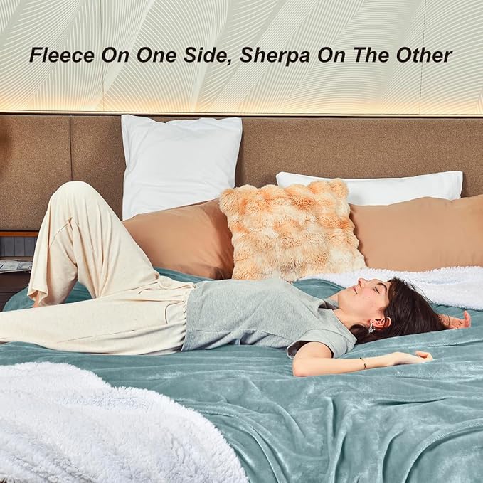 KAWAHOME Sherpa Fleece King Size Blanket for Bed - Extra Warm and Heavy Thick Blankets for Winter, Super Soft 500GSM Plush Blanket, 108" X 90" Spa Blue